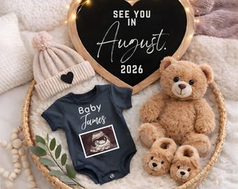 Gender Neutral Baby Announcement, See you in August  Pregnancy Announcement, Editable baby Due date Reveal digital Canva template
