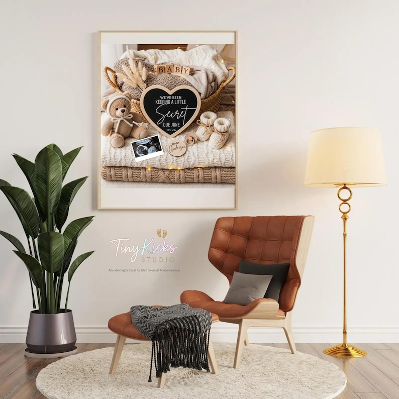 May include: A framed pregnancy announcement featuring a heart-shaped chalkboard that reads "We've been keeping a little secret due June 2024." The announcement includes a teddy bear, baby booties, and a sonogram image. The frame is set against a backdrop of folded blankets.