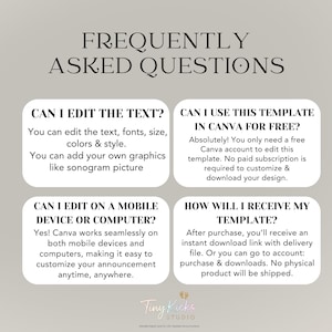May include: A digital announcement template with the text "FREQUENTLY ASKED QUESTIONS". The template answers questions about editing text, using Canva, editing on mobile devices, and receiving the template.