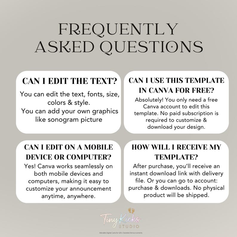 May include: A digital announcement template with the text "FREQUENTLY ASKED QUESTIONS". The template answers questions about editing text, using Canva, editing on mobile devices, and receiving the template.