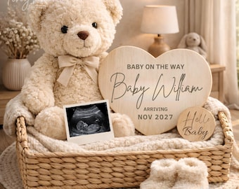 Boho Teddy Bear Pregnancy Reveal Template, Neutral Pregnancy Announcement Digital, Editable Baby Announcement, Social Media Baby Reveal