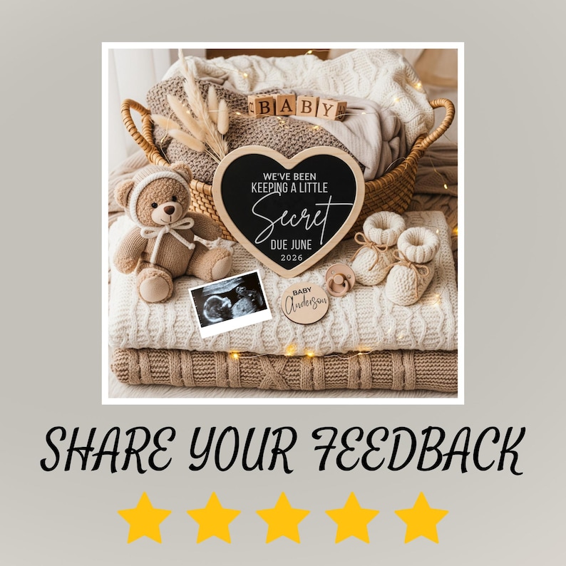 May include: A heartwarming pregnancy announcement scene. A woven basket holds blankets, a teddy bear, and a heart-shaped chalkboard that reads "We've been keeping a little secret, due June 2026."  Includes baby booties, a sonogram, and a wooden sign.