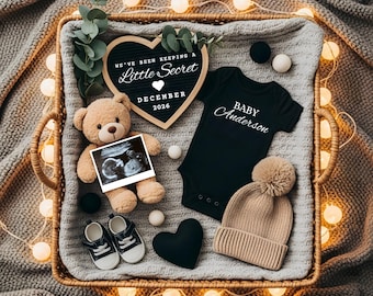 Digitale Schwangerschaftsankündigung, neutrale Babyenthüllung, minimalistische Babyankündigung, wir haben eine geheime bearbeitbare Schwangerschaftsvorlage aufbewahrt