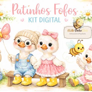 Op de afbeelding: Waterverfillustratie met schattige eendjes in verschillende poses. Eén eendje draagt een overall en een bril, een ander houdt een vlinderballon vast. De afbeelding bevat de tekst "Patinhos Fofos KIT DIGITAL" en een bij.