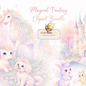 Clipart Bundle Magical Fantasy Watercolor Fairy Tale Pastel Kit, Unicorn Horse, Cute Animals, Floral Frames,Commercial Use ,,300 DPI