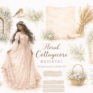 May include: Watercolor clipart kit with a medieval cottagecore theme. The image features a woman in a pink dress, floral arrangements, a window, birds, a basket, and text that reads "Floral Cottagecore Medieval".