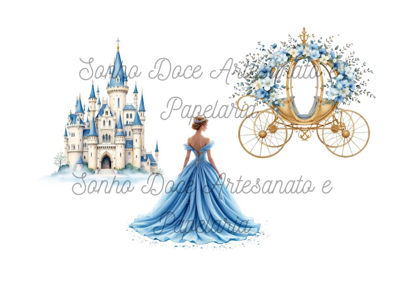 Blue Princess Watercolor Clipart Bundle – Cinderella Style Gown, Castle ...