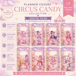 Pode incluir: Uma coleção de capas de planejadores digitais com tema de circo e doces. As capas apresentam ilustrações fantasiosas de artistas e elementos de circo em cores pastel. O texto inclui "PLANNER COVERS", "CIRCUS CANDY COLLECTION" e "DIGITAL FILES".