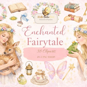Pode incluir: Conjunto de clip art em aquarela com o texto "Enchanted Fairytale". A imagem apresenta ilustrações de uma mulher com cabelos loiros longos, um veado, um sapo, grinaldas florais, livros, chaves e outros elementos caprichosos.