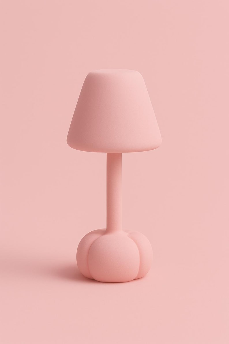 May include: A soft pink table lamp with a mushroom-like design. The lamp features a conical shade, a slender stem, and a rounded base with petal-like details. The lamp is made of a matte material and is set against a matching pink background.