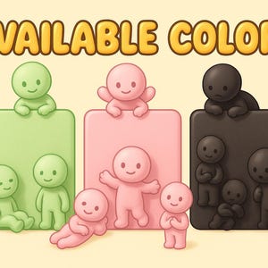 May include: Illustration of cartoon figures in green, pink, and black, each posed on a colored square. The text "AVAILABLE COLORS" is displayed in a yellow, bubble-style font above the figures. The figures have simple, smiling faces.
