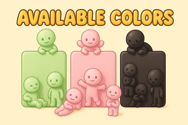 May include: Illustration of cartoon figures in green, pink, and black, each posed on a colored square. The text "AVAILABLE COLORS" is displayed in a yellow, bubble-style font above the figures. The figures have simple, smiling faces.