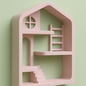 May include: A pink, house-shaped wall shelf with a window, stairs, and a ladder. The shelf has multiple levels and is set against a light green background. The design is minimalist and modern.