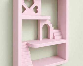 Smiski Valentines Display Case with Table and Chair | Pastel Colors Collectible Heart Shelf, Miniature Furniture