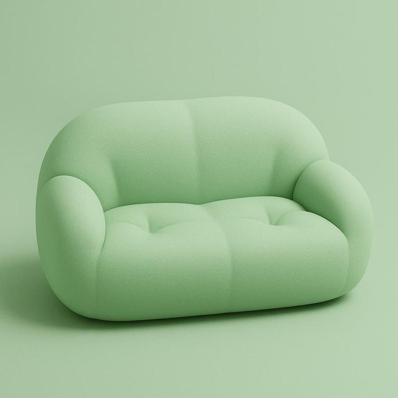 May include: A light green, two-seater sofa with a rounded, cloud-like design. The sofa has a soft, textured appearance and features a button-tufted seat. The arms are curved and integrated into the overall shape, creating a cohesive and modern aesthetic.