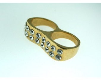 Double Finger Ring Rhinestone Gold Ring Double Finger Ring Statement Ring Fashion Gold Ring
