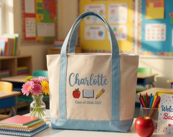 Bolso de mano bordado personalizado para profesoras, bolso de lona con nombre personalizado para la promoción de 2026, diseño de libros y Apple Pencil, regalo para profesoras.