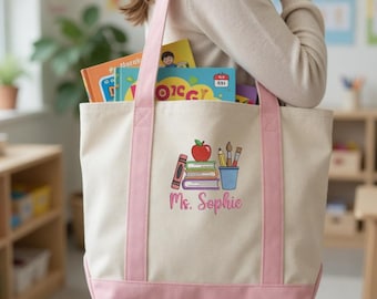 Bolso de mano personalizado para profesores, bolso de lona bordado con iconos escolares, regalo personalizado de agradecimiento para profesores, regalo de regreso a clases