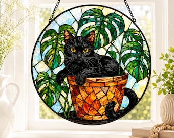 Łapacz słońca z witrażem "Black Cat Monstera", zawieszka na okno dla miłośników roślin, dekoracja w kształcie kota w doniczce, botaniczny prezent dla miłośników kotów