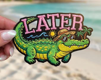 Parche bordado personalizado de cocodrilo, divertido parche termoadhesivo de cocodrilo rosa y verde, aplique para coser/planchar en chaquetas, mochilas y sombreros, hecho a mano.
