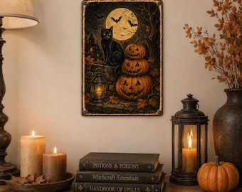 Metalowy znak z motywem czarnego kota na Halloween, dekoracja ścienna z dyniowym księżycem, upiorny gotycki ganek lub dekoracja zewnętrzna