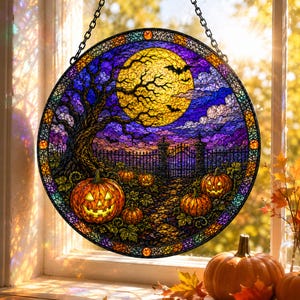 Może przedstawiać: Okrągły witrażowy łapacz słońca przedstawiający scenę halloweenową z dużym żółtym pełnym księżycem, ciemnym drzewem, kutym ogrodzeniem i kilkoma świecącymi dyniami. Element jest oprawiony w czarną ramkę i zawieszony na metalowym łańcuszku.