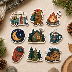 Camping Embroidered Patch, Iron On or Sew On Outdoor Badge, Camper Bear Campfire Cabin Hiking Boot Patch for Backpack Hat Jacket