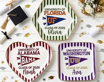 Bandeja para anillos personalizada con banderín escolar, regalo de graduación personalizado para la promoción de 2026, regalo para celebrar el orgullo universitario, bandeja a rayas para estudiantes de último año.