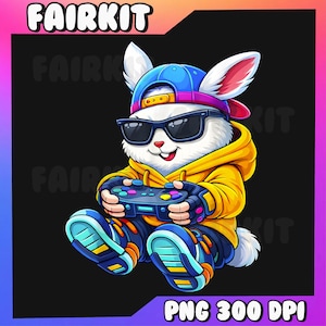 Könnte beinhalten: Cartoon-Illustration eines weißen Kaninchens mit blauer Kappe, Sonnenbrille und gelbem Kapuzenpullover, das einen Videospiel-Controller hält. Das Kaninchen sitzt mit verschränkten Beinen. Das Bild hat den Text "FAIRKIT" und "PNG 300 DPI".