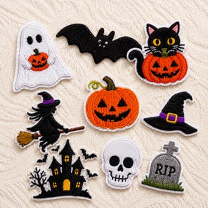 Halloween Embroidered Patch, Spooky Ghost Pumpkin Cat Bat Witch Applique (Iron On/Sew On)