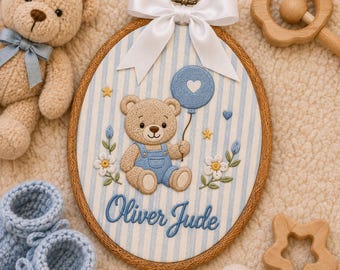 Spersonalizowany miś z imieniem dziecka, spersonalizowana haftowana owalna dekoracja ścienna do pokoju dziecięcego, prezent na baby shower, pamiątka z okazji narodzin dziecka