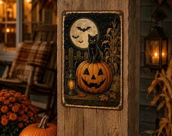 Metalowy znak z czarnym kotem na Halloween, dekoracja ścienna z dynią w stylu vintage, upiorny znak zewnętrzny z księżycem i nietoperzem, jesienna dekoracja bramy ogrodzeniowej