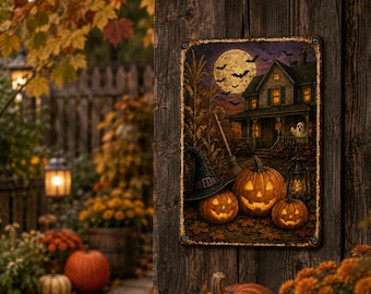 Metalowy znak z okazji Halloween, dekoracja ścienna z motywem nawiedzonego domu i dyni, upiorny gotycki ganek lub dekoracja zewnętrzna