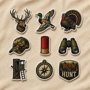 Hunting Embroidered Patch, Deer Duck Turkey Camo Compass Iron On or Sew On Patch, Outdoor Jacket Hat Backpack Gift for Hunter
