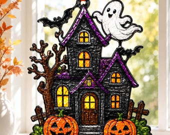 Falisty akrylowy łapacz słońca z motywem nawiedzonego domu, zawieszka na okno w kształcie ducha i dyni na Halloween, upiorny gotycki wystrój domu, jesienny prezent