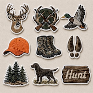 May include: A collection of nine embroidered patches featuring a deer head, crossed rifles over antlers, a flying mallard duck, an orange baseball cap, camouflage boots, deer tracks, a pine forest, a brown dog, and a sign with the text Hunt.