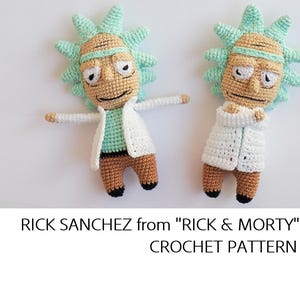 May include: Two handmade crochet figures of Rick Sanchez from "Rick & Morty". The figures have tan skin, light blue spiky hair, and are wearing a white lab coat. One figure has arms outstretched, the other has arms crossed. The text "RICK SANCHEZ from "RICK & MORTY" CROCHET PATTERN PDF" is below.