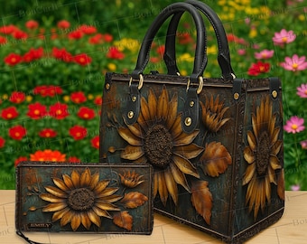 Personalized Sunflower Tote Bag & Wallet Set, Custom Name Leather Purse, Rustic Floral Art Handbag Gift for Boho Women and Nature Lovers