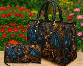 Conjunto de bolso y billetera personalizados con diseño de pareja de dragones azules y dorados, monedero gótico de fantasía con nombre personalizado en relieve 3D para amantes de los dragones.