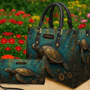 Puede incluir: Un conjunto de bolso y cartera de color turquesa con un diseño de tortuga marina en 3D. El bolso tiene asas negras y herrajes dorados. La cartera y el bolso tienen el nombre "EMILY". El fondo es una imagen borrosa de flores.