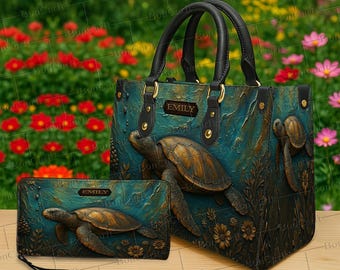 Bolso y billetera personalizados con diseño de tortuga marina, bolso personalizado con diseño de animales marinos, bolso playero, regalo para amantes de las tortugas.