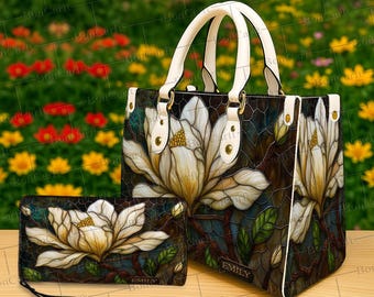 Ensemble sac à main et portefeuille personnalisés magnolia, sac à main floral nom personnalisé, élégant sac fourre-tout vintage, cadeau bohème classique pour elle, sac à main en cuir