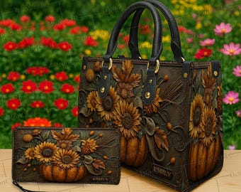 Conjunto de bolso y billetera personalizados con diseño de calabaza y girasol, monedero rústico con estampado floral otoñal y nombre personalizado, regalo para mujer.