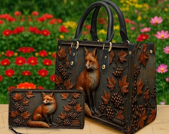 Ensemble sac fourre-tout et portefeuille personnalisés en renard, sac à main avec nom personnalisé animal de la forêt automne avec motif imprimé réaliste, cadeau pour les amoureux de la nature