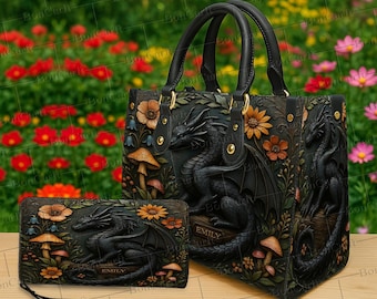 Conjunto de bolso y billetera de dragón negro personalizado, bolso con nombre grabado, monedero de flores de fantasía, regalo gótico mítico para ella.