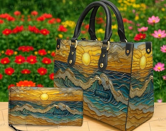 Conjunto de bolso y billetera personalizados con temática oceánica, monedero de cuero con nombre personalizado, bolso tote con olas de vitral, regalo artístico de playa al atardecer para mujer.