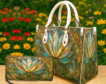Conjunto de bolso y cartera de loto místico personalizado, monedero de geometría sagrada, bolso de mano con mandala, regalo espiritual personalizado para amantes del yoga, bolso de mano de cuero.