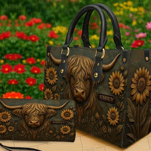 May include: A dark green handbag and matching wallet, both decorated with a Highland cow and sunflower design. The bag has black handles and gold-tone details. The wallet has a wrist strap and the name "EMILY". The design has a 3D embossed effect, with the cow's face and horns.