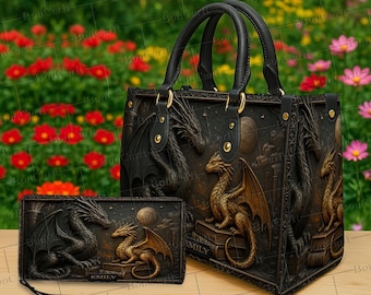 Ensemble sac fourre-tout et portefeuille personnalisé dragon noir et or, nom personnalisé livre gothique livre médiéval fantastique pour cadeau amoureux de Dragon