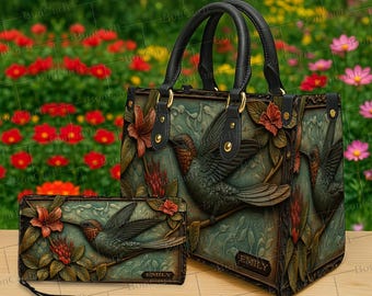 Conjunto de bolso y billetera de cuero con diseño de colibrí personalizado, monedero floral con nombre personalizado, bolso de mano con diseño de pájaro natural, regalo de cuero con arte bohemio para mujer.